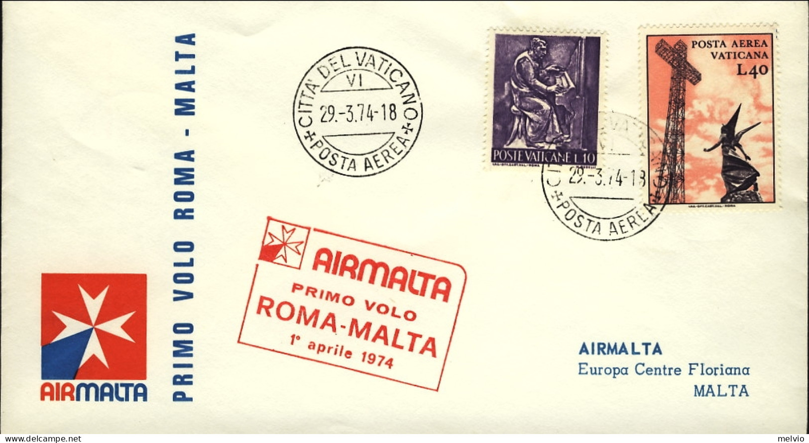 Vaticano-1974 Air Malta I^volo Roma Malta Del 1 Aprile - Airmail