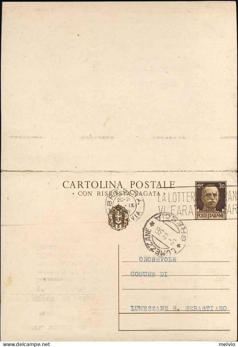 1936-cartolina Postale Con Risposta Pagata 30c.+30c.bruno Imperiale Con Le Due P - Entero Postal