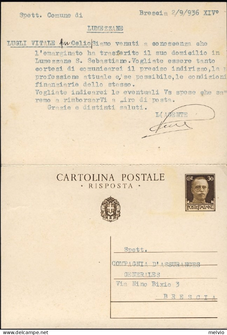 1936-cartolina Postale Con Risposta Pagata 30c.+30c.bruno Imperiale Con Le Due P - Stamped Stationery