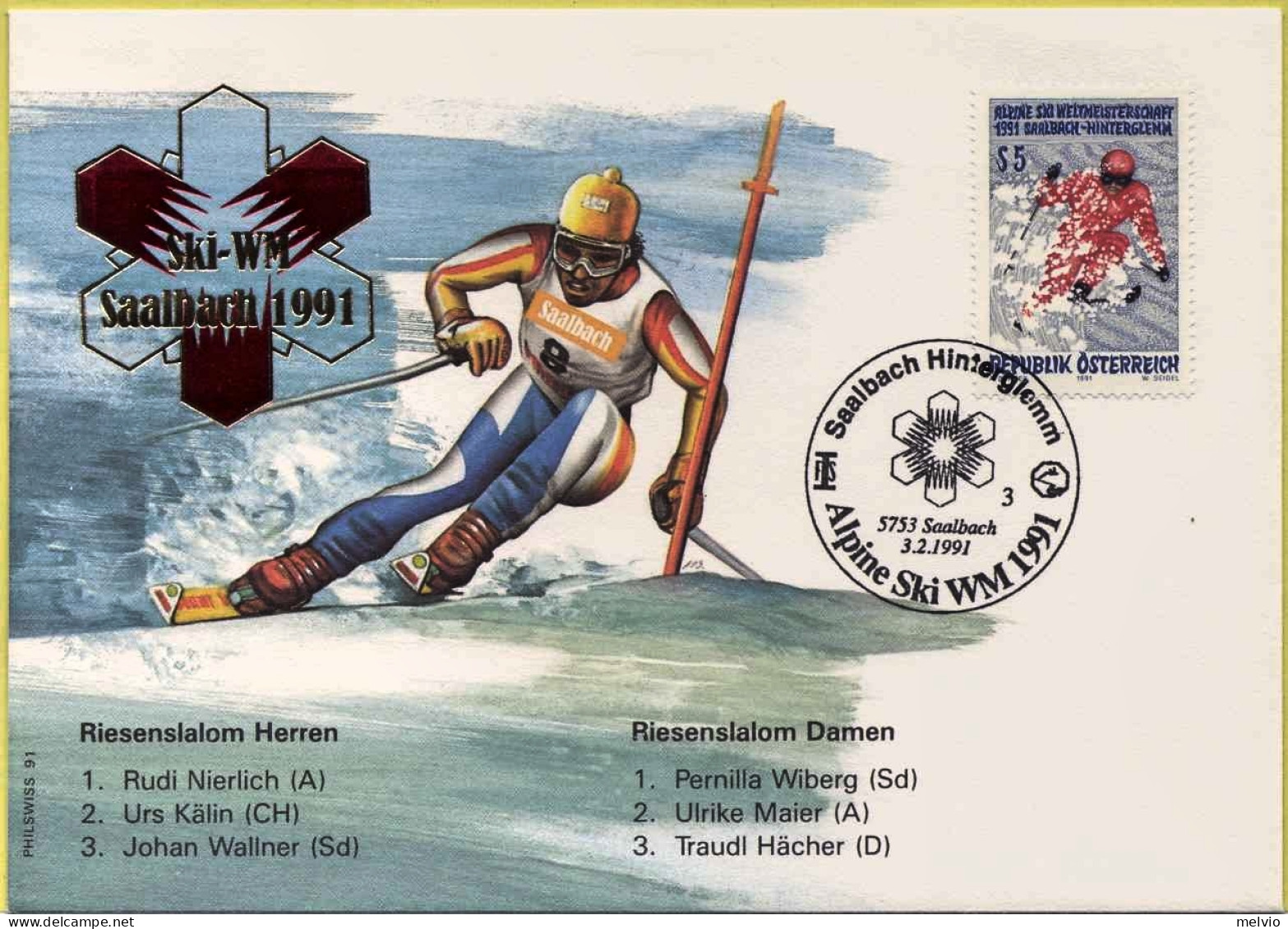 1991-Autriche Osterreich Austria S.1v."campionati Mondiali Di Sci Alpino A Saalb - FDC