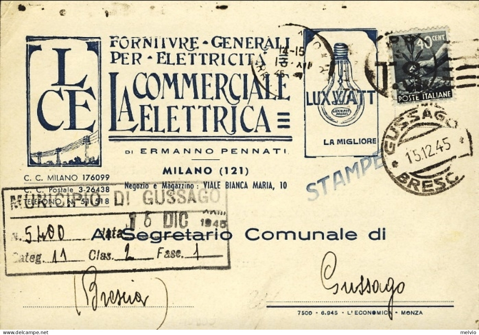 1945-cartolina A Stampa Con Intestazione Pubblicitaria "La Commerciale Elettrica - Marcophilie