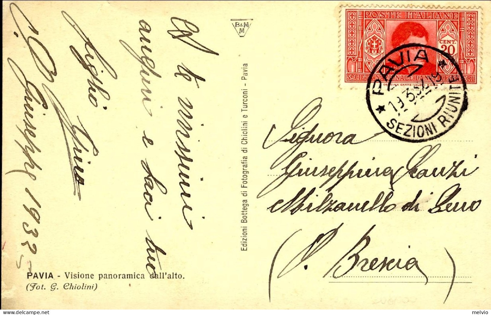 1932-cartolina Pavia Visione Panoramica Dall'alto, Affrancata 20c.Dante Alighier - Pavia