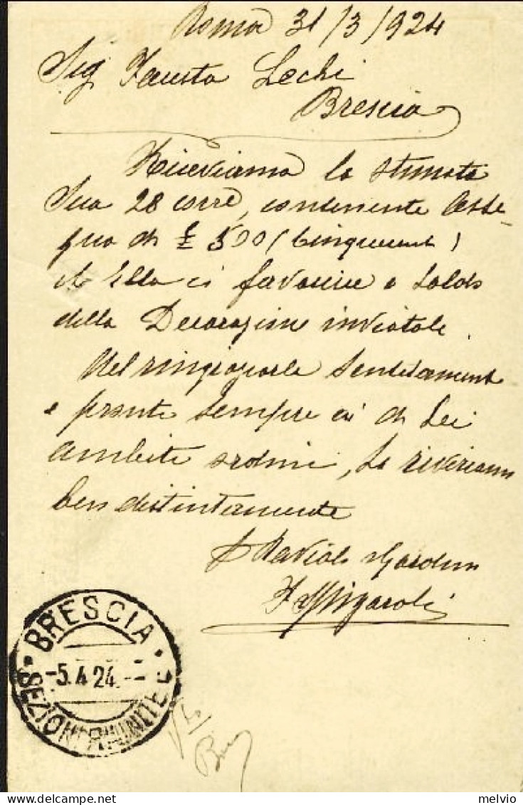 1924-cartolina Postale 30c.arancio Tassello Pubblicitario "Francesco De Capitani - Ganzsachen