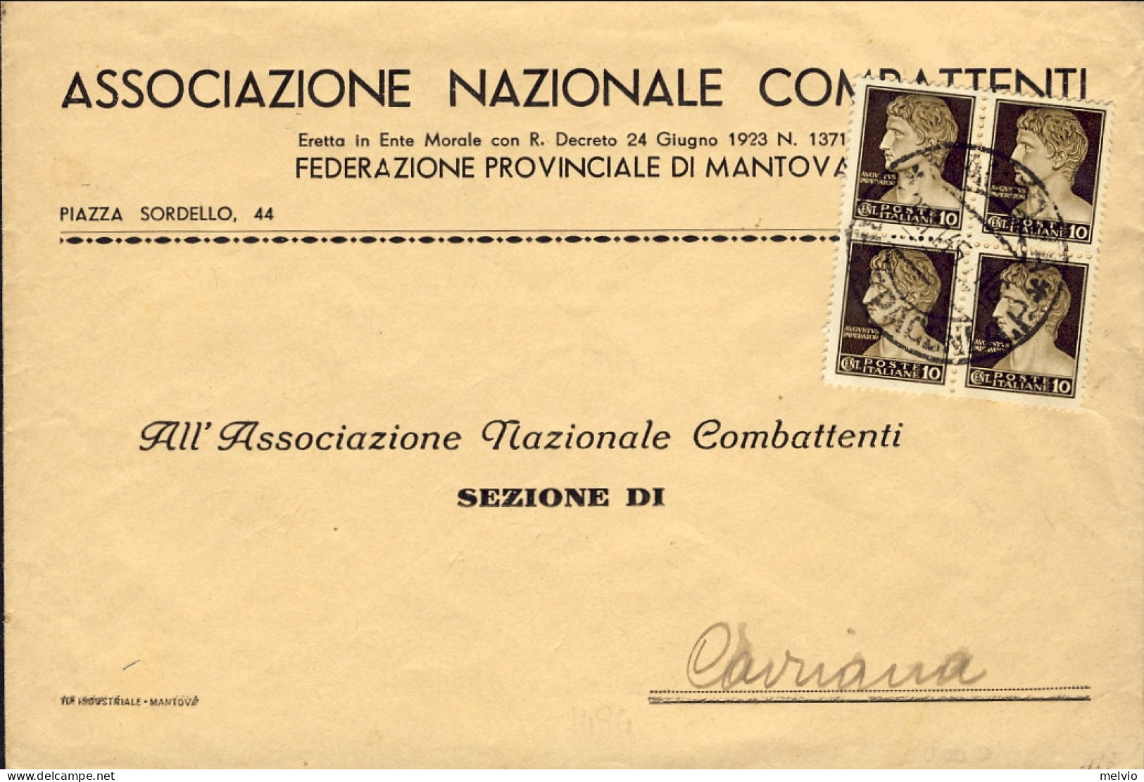 1945-busta Dell'associazione Nazionale Combattenti Affr. Con Quartina Del 10c.Im - Marcophilia