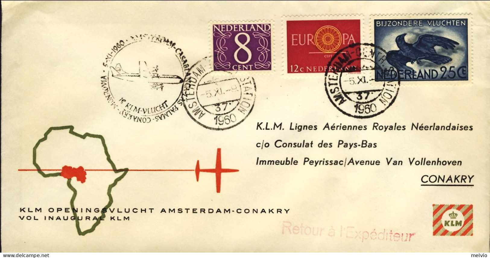 1960-Holland Nederland Olanda I^volo Amsterdam Conakry (Guinea) Busta Della Klm  - Posta Aerea