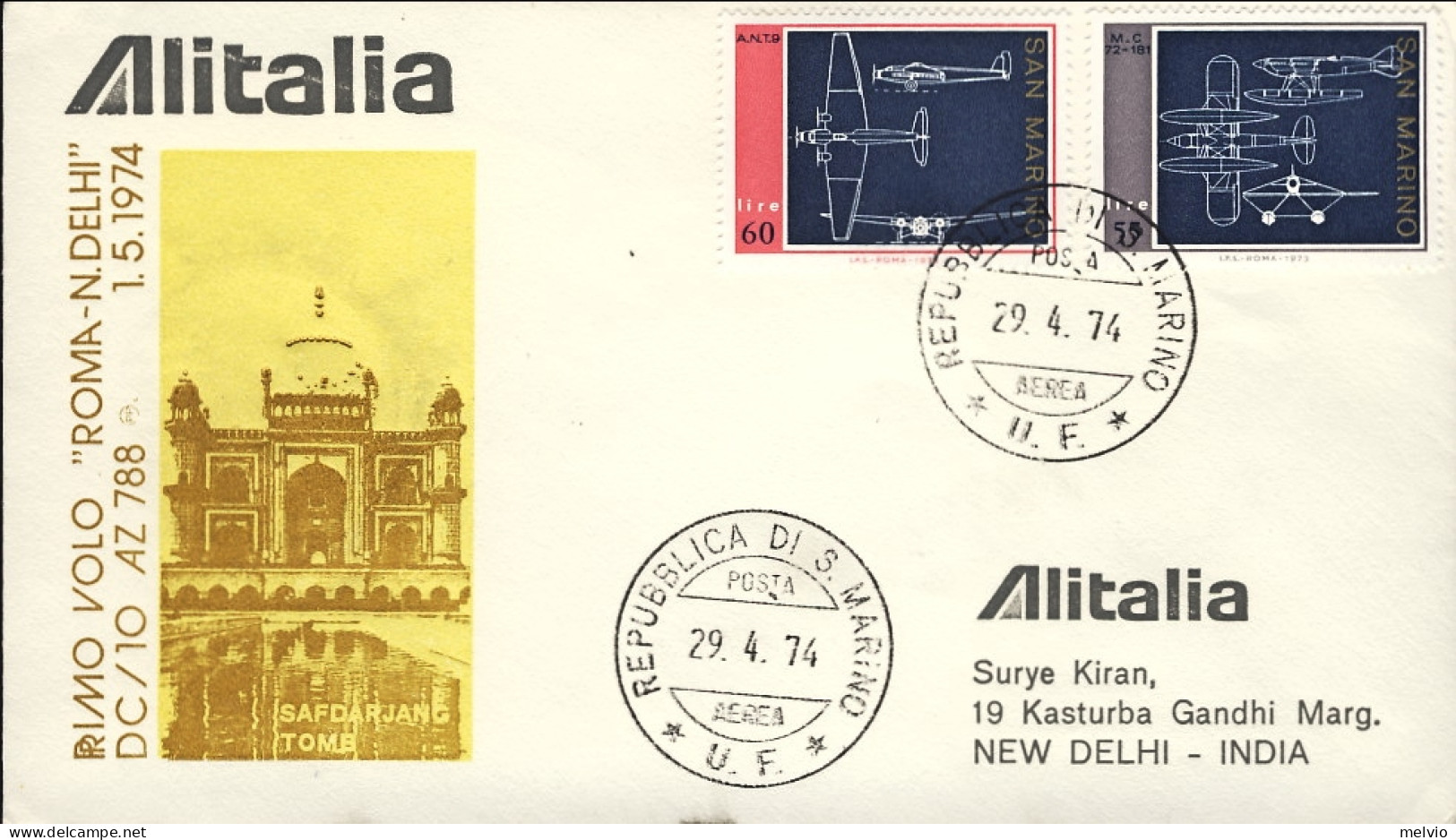 San Marino-1974 Alitalia I^volo Dc 10 Roma Nuova Delhi Del 1 Maggio - Airmail
