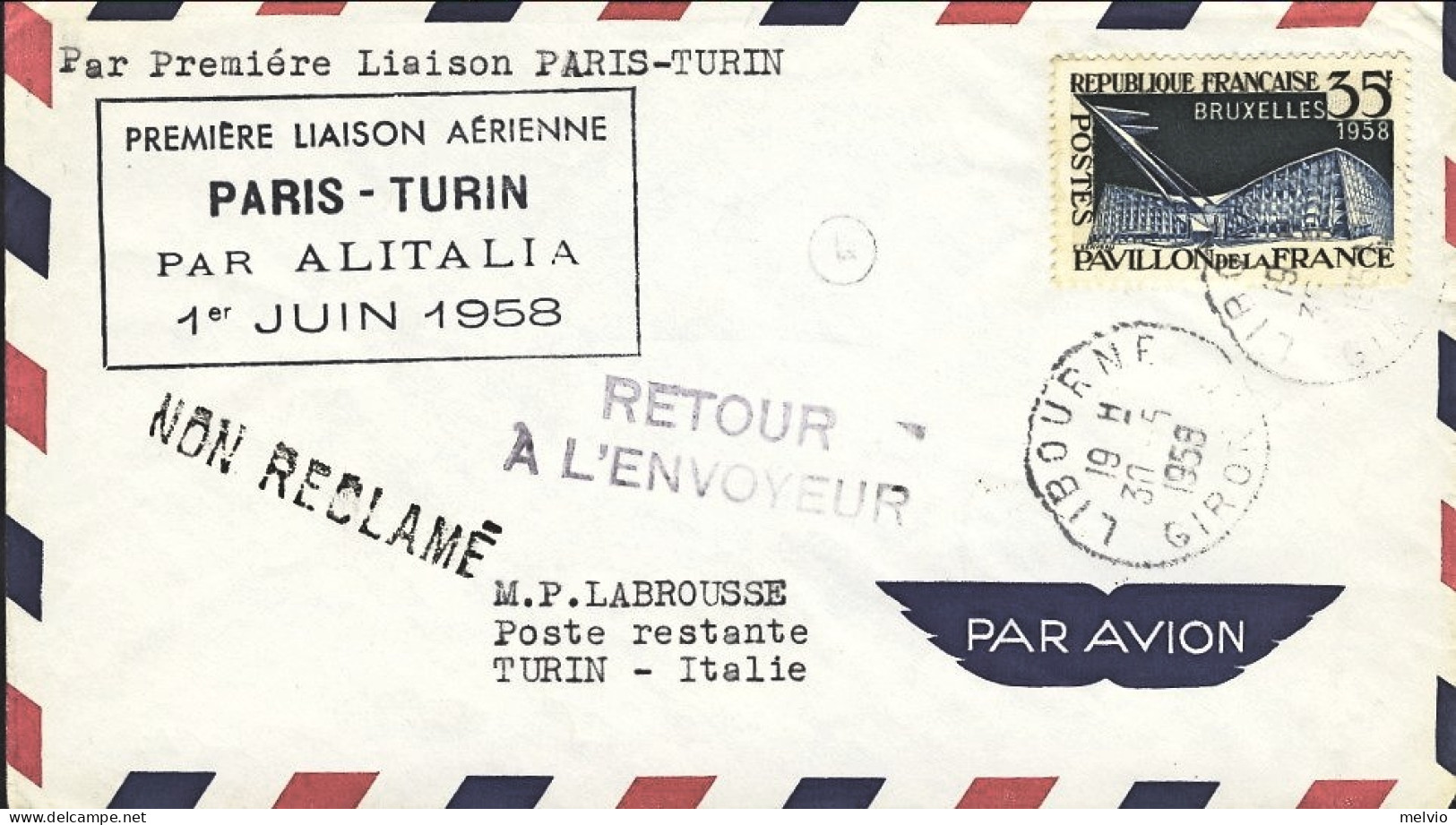 1958-France Francia I^volo Alitalia Parigi Torino Del 1 Giugno Affr. 35fr.con An - 1921-1960: Moderne