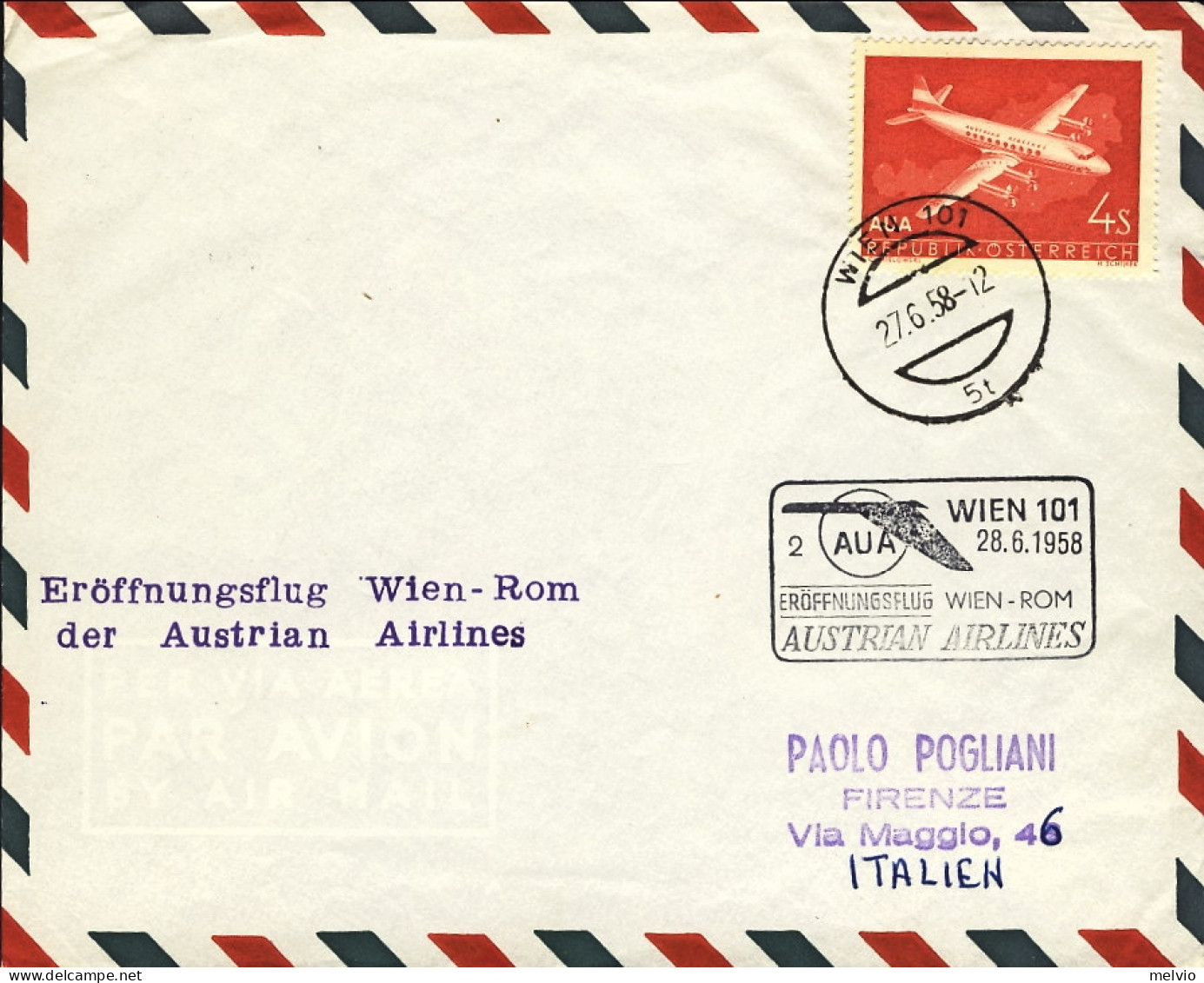 1958-Autriche Osterreich Austria Volo AUA Vienna Roma Del 28 Giugno - Otros & Sin Clasificación