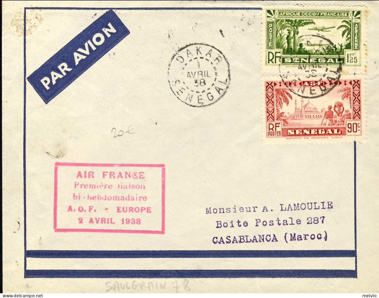 1938-Senegal Volo Premiere Liason By-hebdomadaire A.O.F.-Europe Del 2 Aprile - Storia Postale