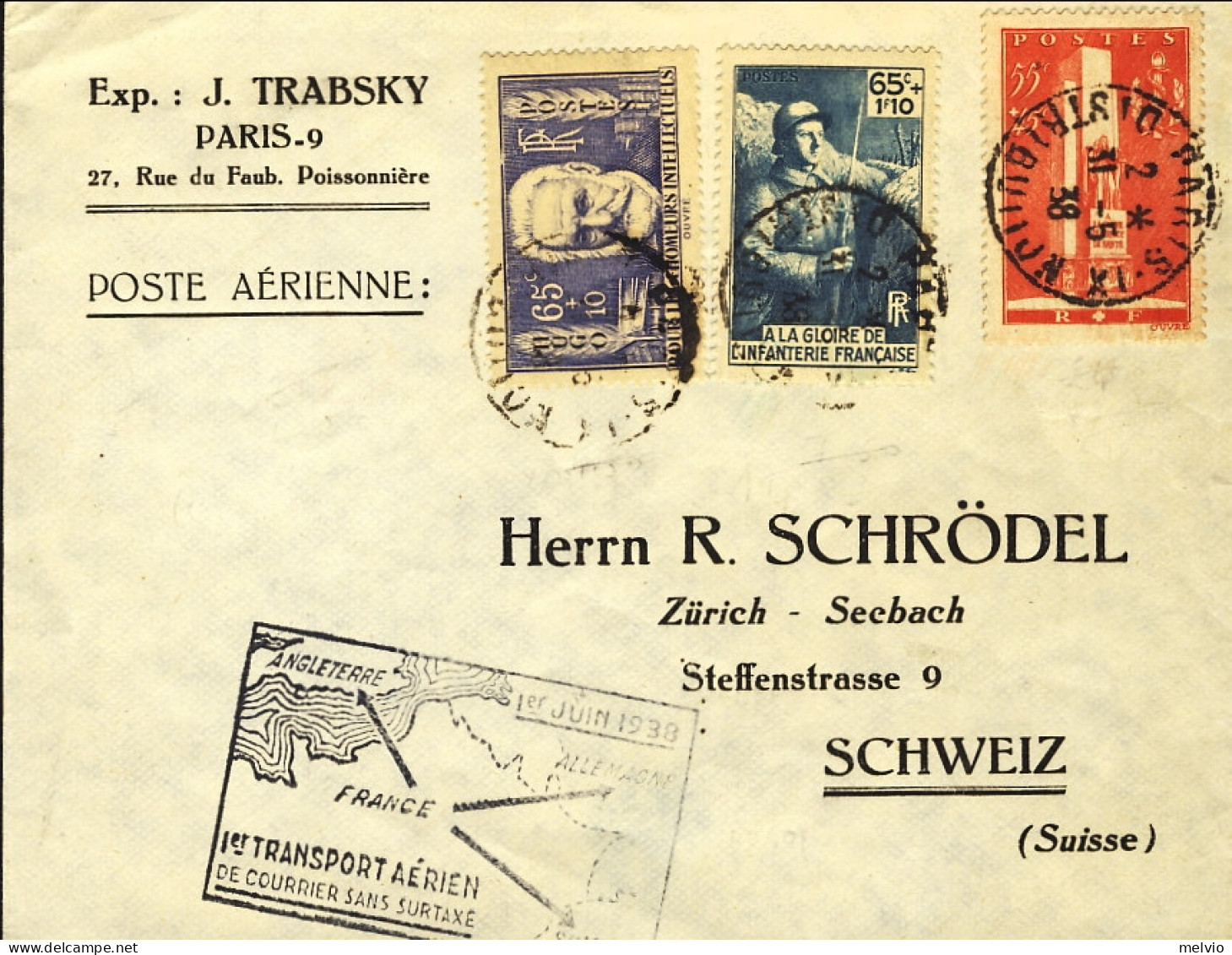 1938-France Francia Diretto In Svizzera Cachet I Transport Aerien De Courrier Po - Sonstige & Ohne Zuordnung