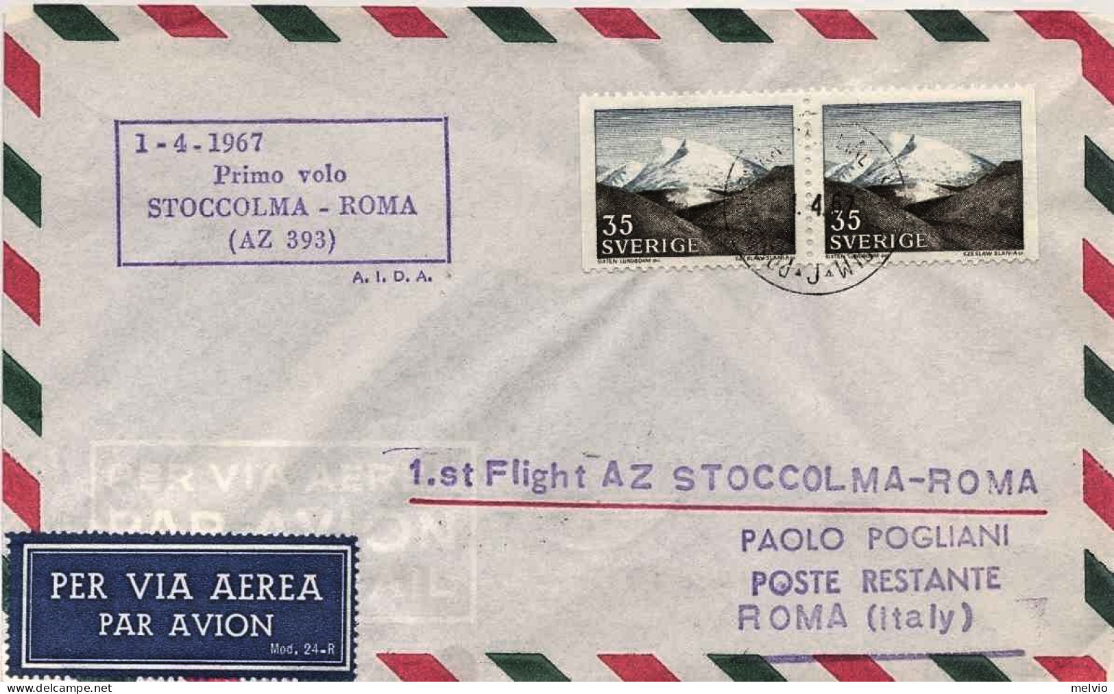 1967-Svezia I^volo Stoccolma-Roma AZ-393 Del 1 Aprile - Storia Postale