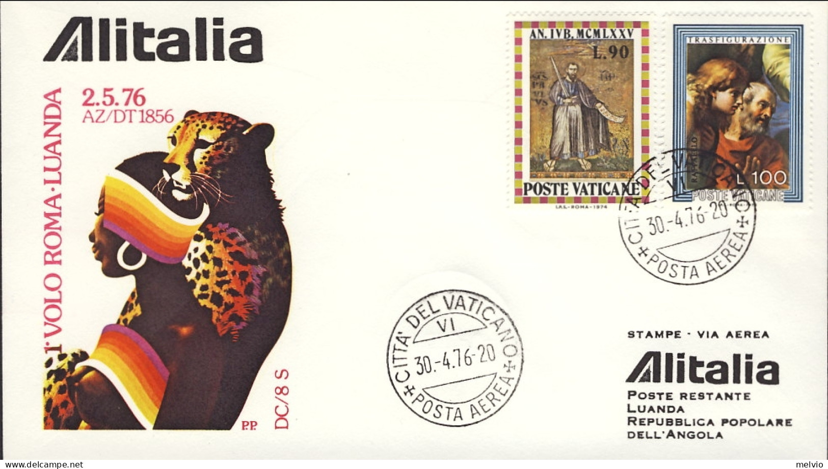 Vaticano-1976 I^volo AZ/DT 1856 Roma-Luanda Del 2 Maggio - Airmail