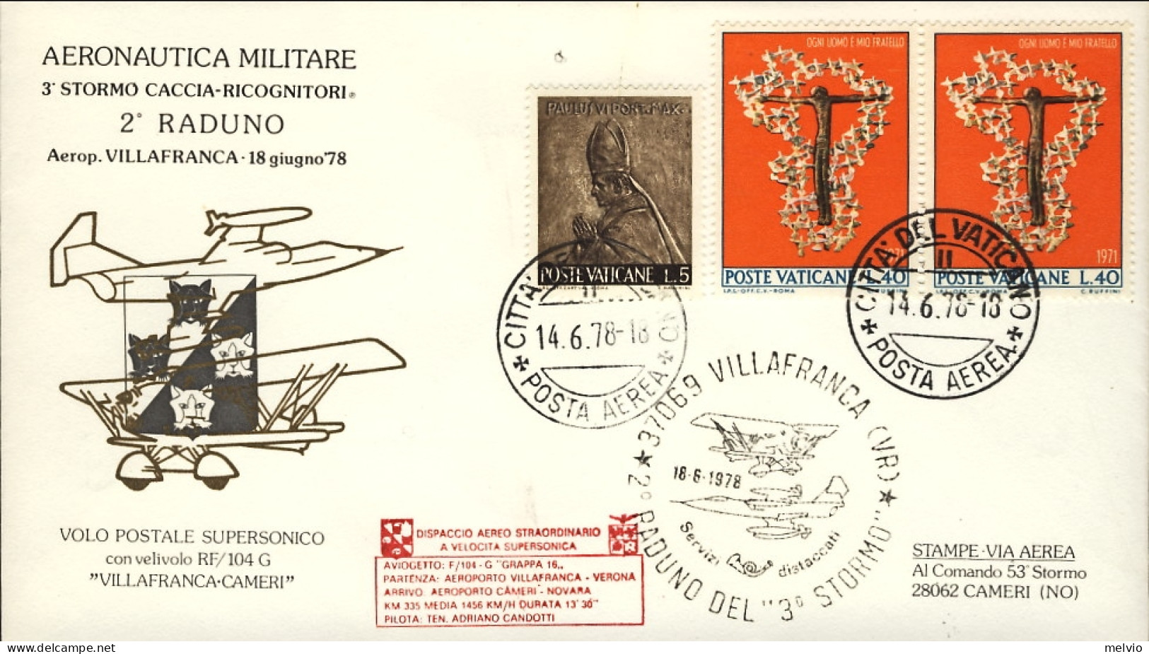 Vaticano-1978 Volo Postale Supersonico Dispaccio Aereo Straordinario Villafranca - Airmail