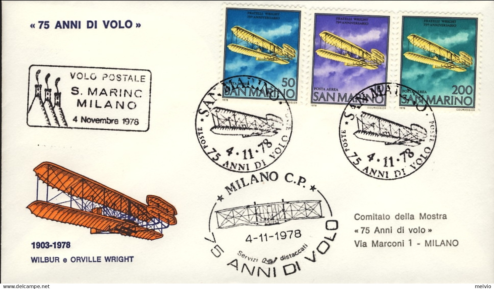 1978-San Marino "75 Anni Di Volo"bollo Volo Postale San Marino-Milano Del 4 Nove - Poste Aérienne