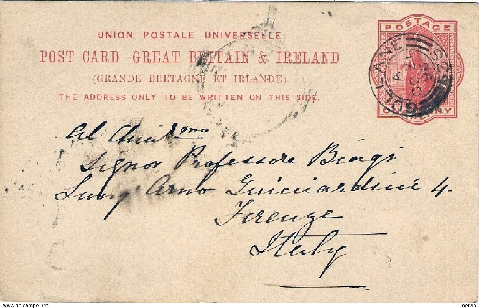1896-Gran Bretagna Cartolina Postale 1p. Diretta In Italia - Other & Unclassified