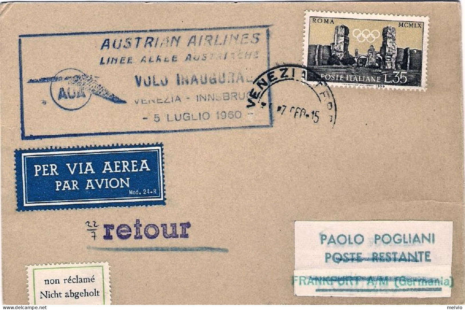 1960-cartoncino Per Via Aerea Delle Linee Aeree Austriache I^volo Venezia Franco - Altri & Non Classificati