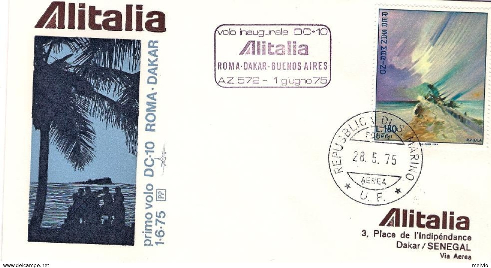 San Marino-1975 Alitalia I^volo Roma Dakar Del 1 Giugno - Airmail