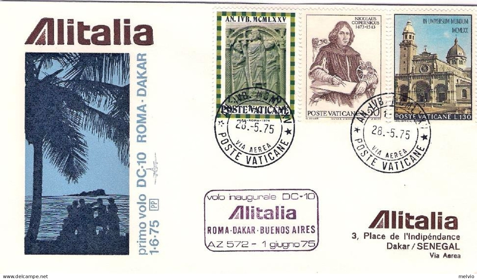 Vaticano-1975 Alitalia I^volo Roma Dakar (Senegal) - Airmail
