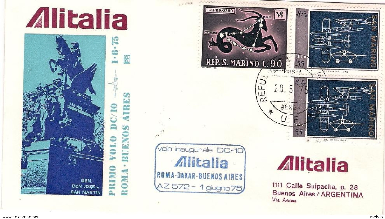 San Marino-1975 Alitalia I^volo Roma Buenos Aires - Corréo Aéreo