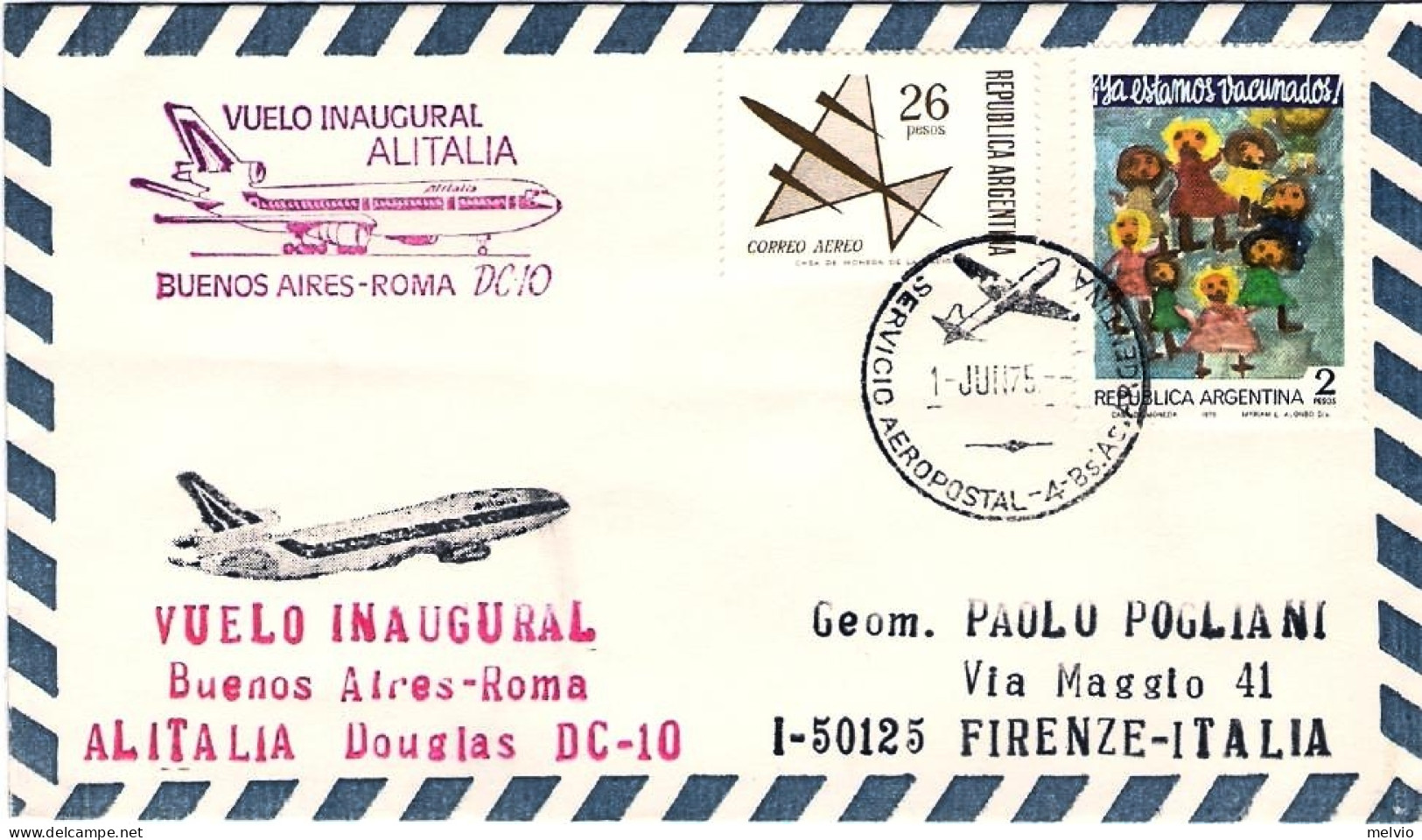 1975-Argentina Alitalia I^volo Buenos Aires Roma - Aéreo