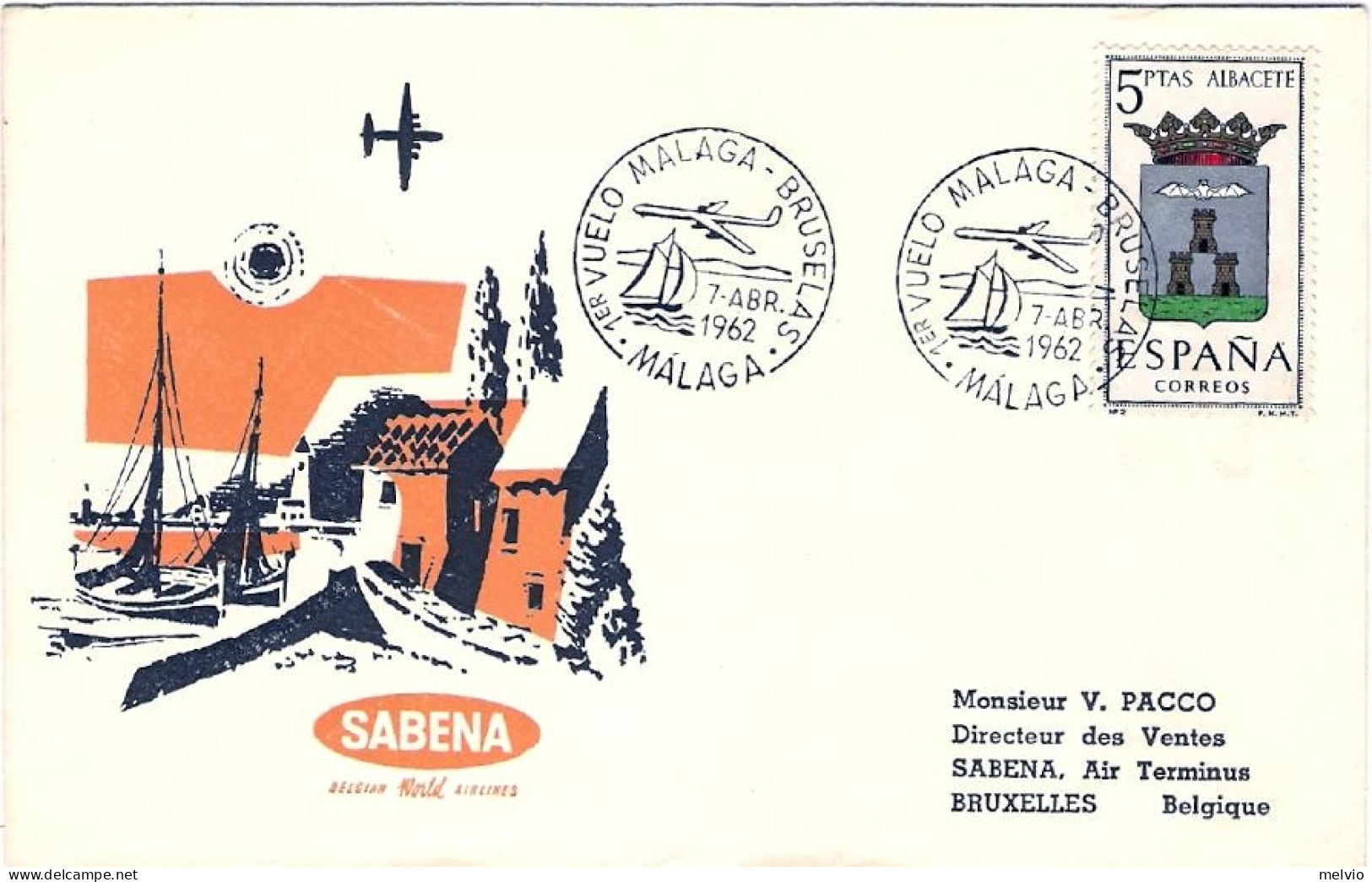 1962-Spagna Sabena I^volo Malaga Bruxelles - Andere & Zonder Classificatie