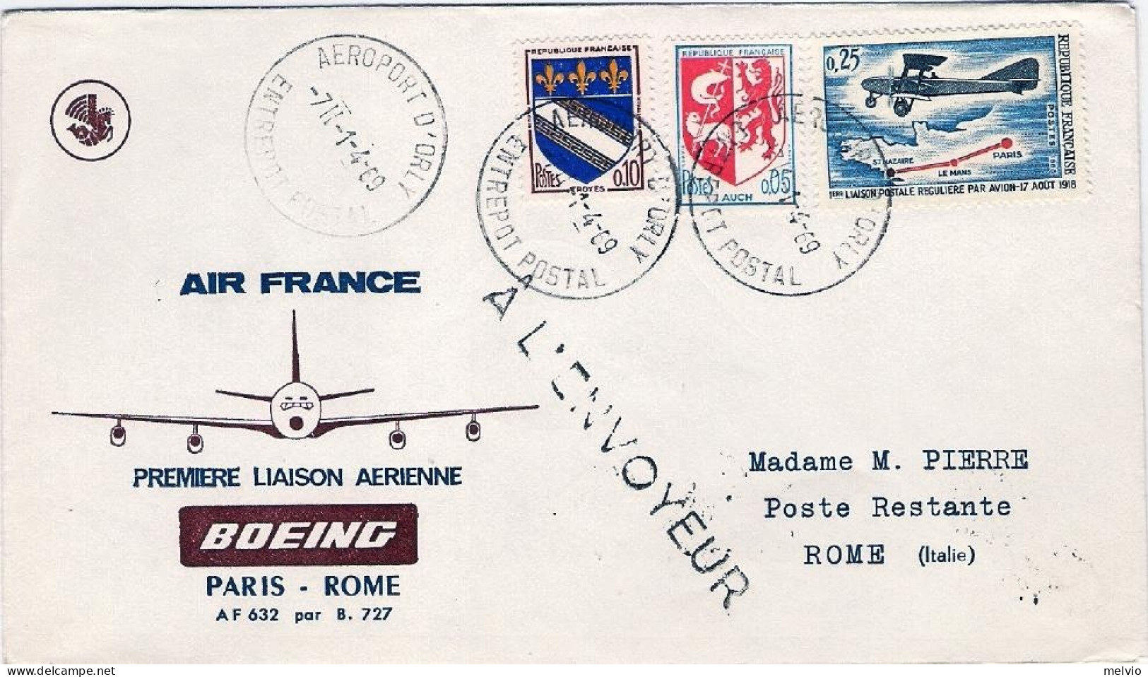 1969-France Francia I^volo Boeing Parigi Roma Dell'1 Aprile - Brieven En Documenten