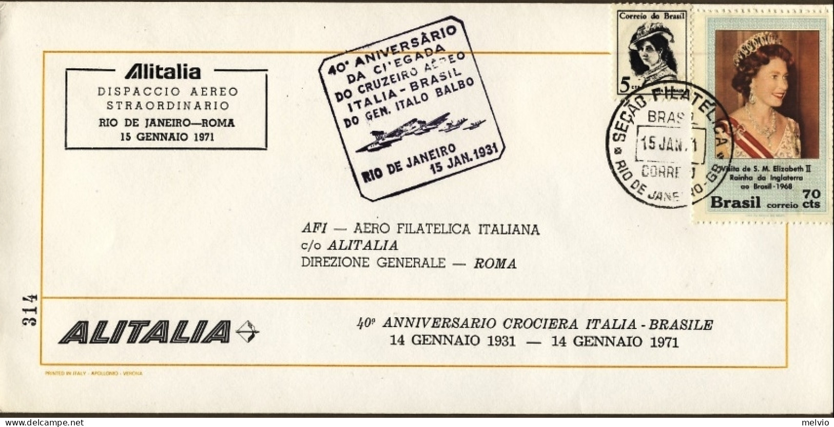 1971-Brasile Alitalia Dispaccio Aereo Straordinario Rio De Janeiro Roma Del 15 G - Poste Aérienne