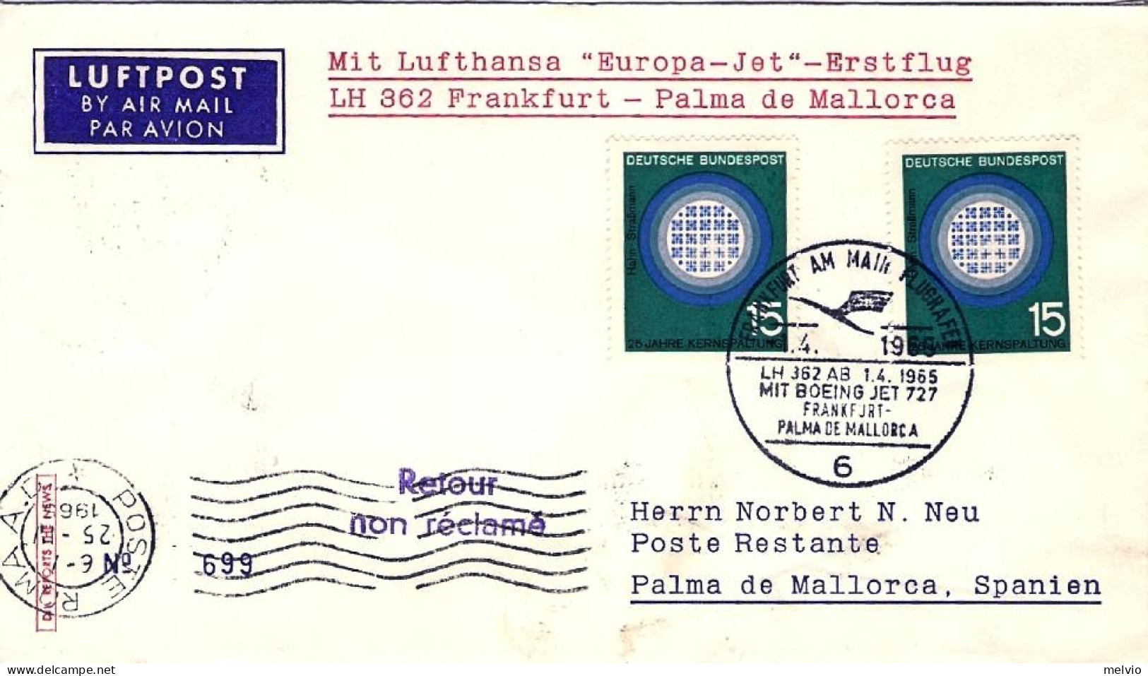 1965-Germania Lufthansa Volo Speciale Francoforte Palma Di Maiorca - Storia Postale
