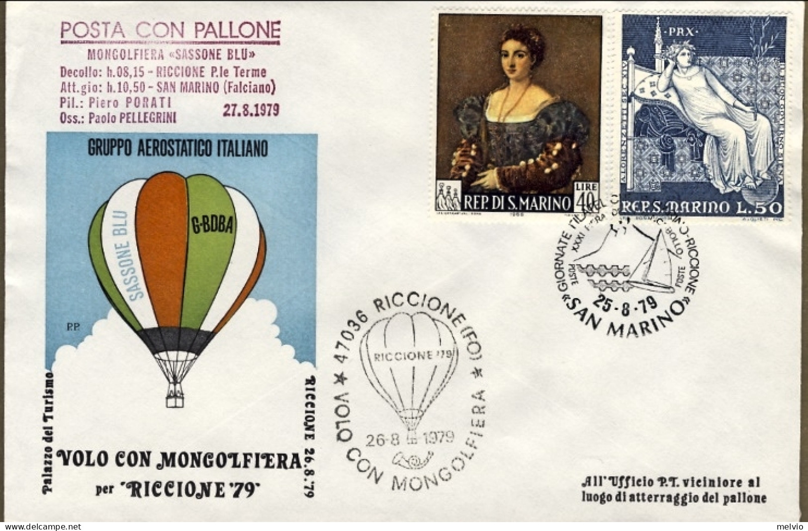 1979-San Marino Volo Con Mongolfiera "Sassone Blu" Riccione San Marino Per Ricci - Airmail