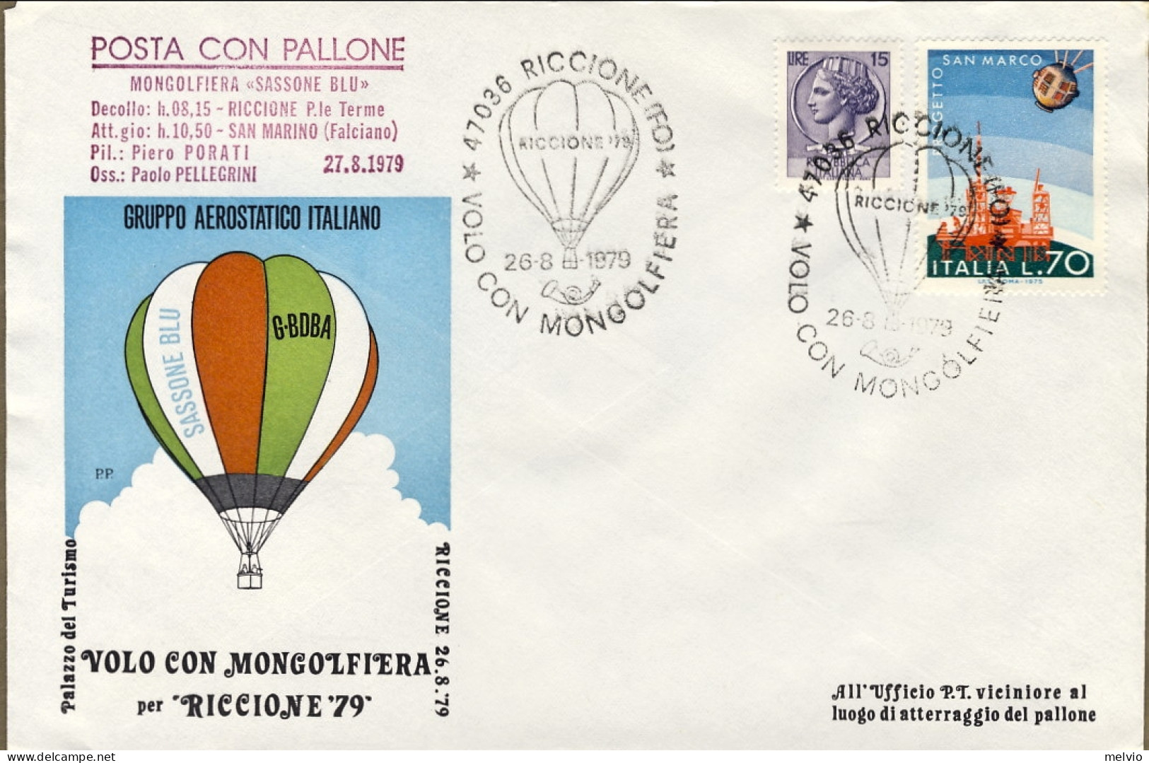 1979-volo Con Mongolfiera "Sassone Blu" Riccione San Marino Per Riccione '79 Pos - Airmail