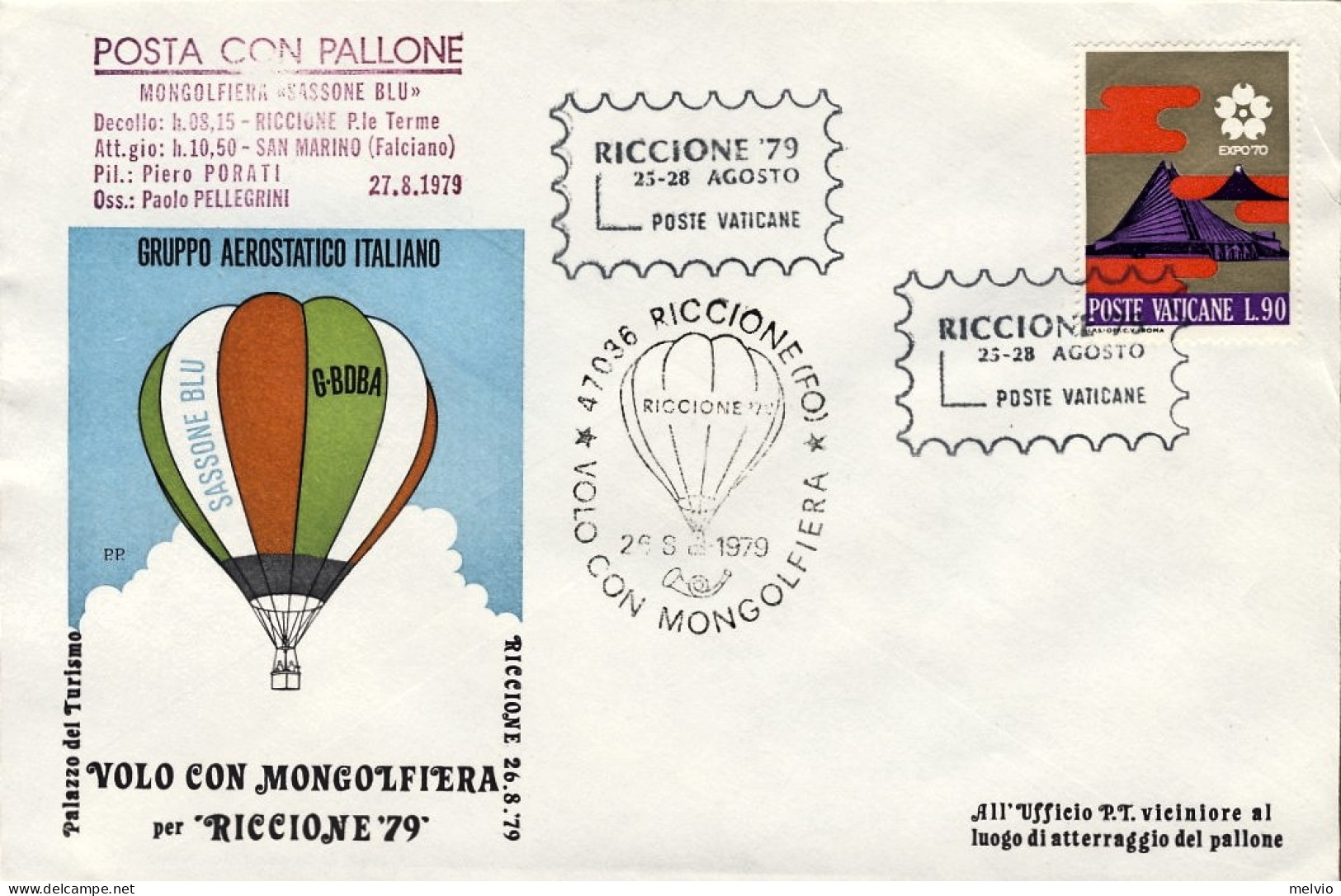 Vaticano-1979  Volo Con Mongolfiera "Sassone Blu" Riccione San Marino Per Riccio - Poste Aérienne