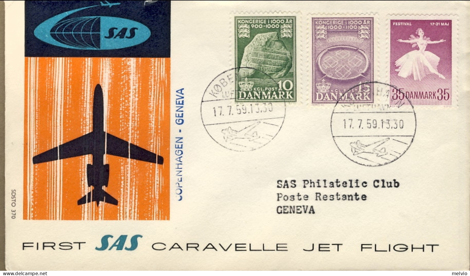 1959-Danimarca I^volo SAS Caravelle Copenhagen Ginevra Del 17 Luglio - Poste Aérienne