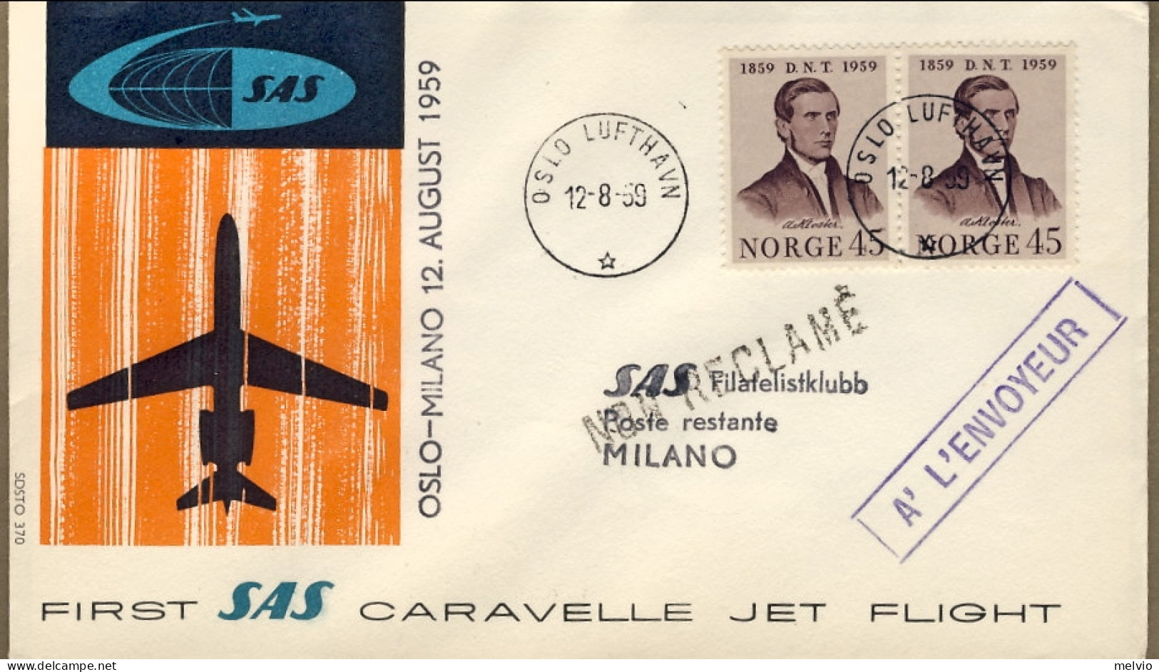 1959-Norvegia I^volo SAS Caravelle Oslo Milano Del 12 Agosto - Cartas & Documentos