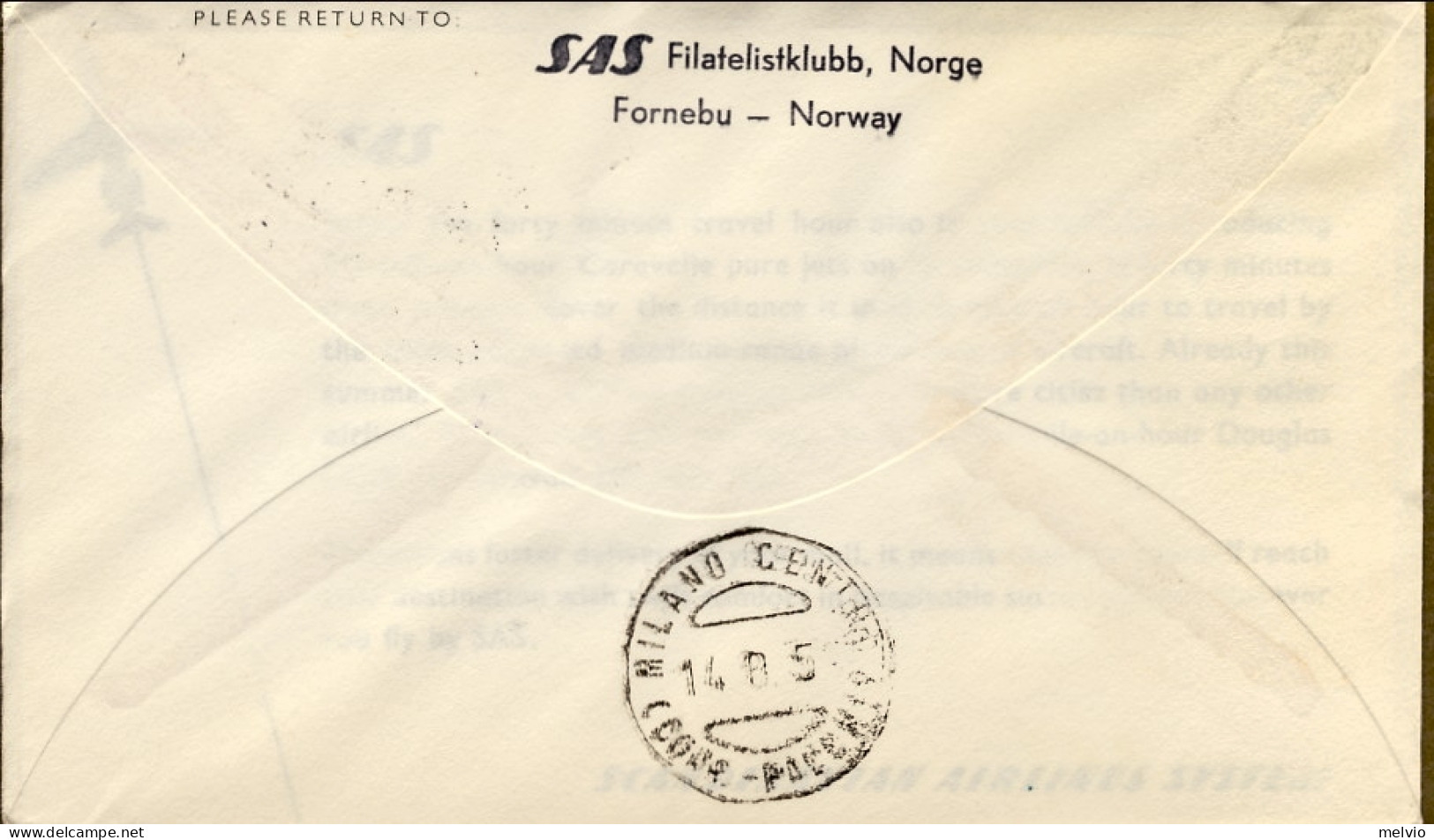 1959-Norvegia I^volo SAS Caravelle Oslo Milano Del 12 Agosto - Storia Postale