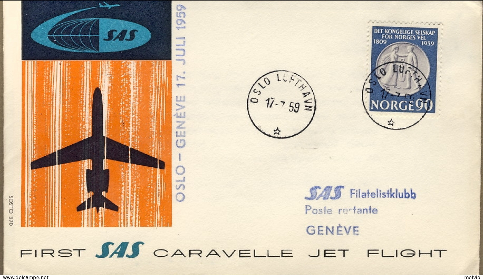 1959-Norvegia I^volo SAS Caravelle Oslo Ginevra Del 17 Luglio - Storia Postale