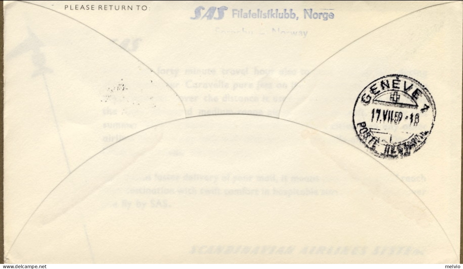 1959-Norvegia I^volo SAS Caravelle Oslo Ginevra Del 17 Luglio - Cartas & Documentos