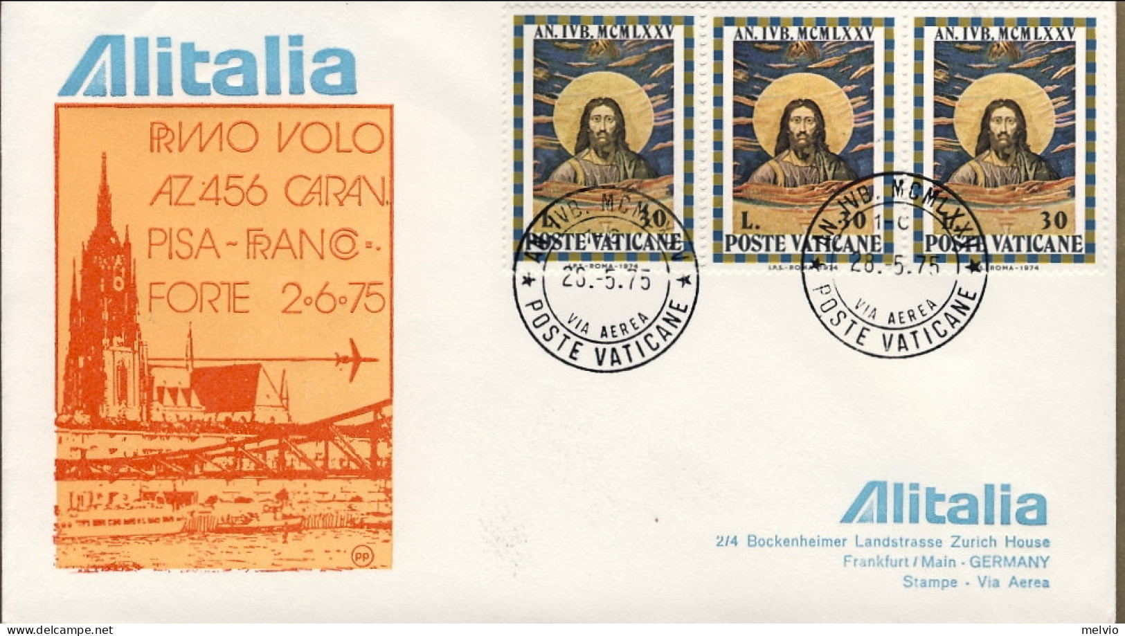 Vaticano-1975 Alitalia I^volo Caravelle AZ 456 Pisa-Francoforte - Airmail