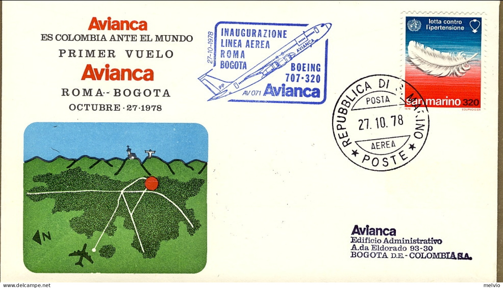 San Marino-1978 Inaugurazione Linea Aerea Roma Bogota Con Boeing 707-320 Avianca - Posta Aerea