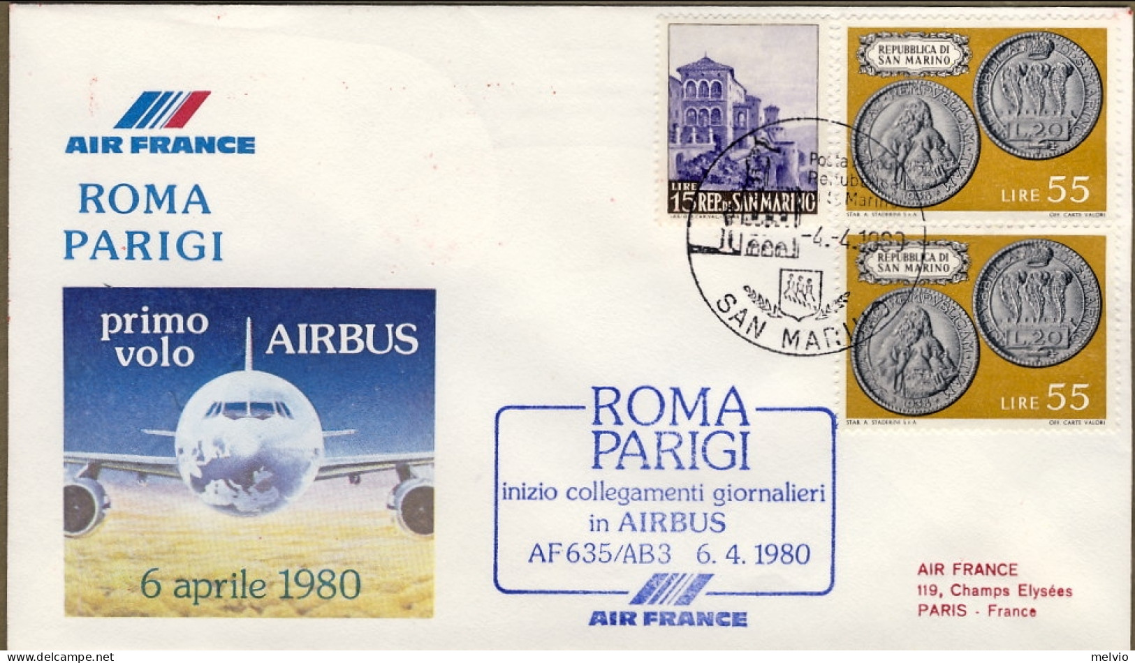 San Marino-1980 I^volo Airbus Roma Parigi Della Air France - Luchtpost
