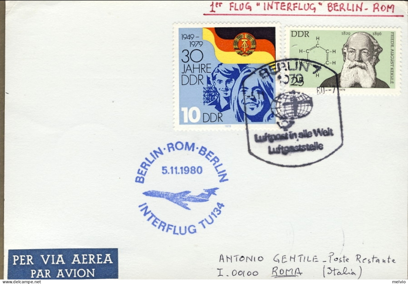 1980-Germania Cartolina I^volo Berlino Roma Berlino Interflug TU134 - Storia Postale