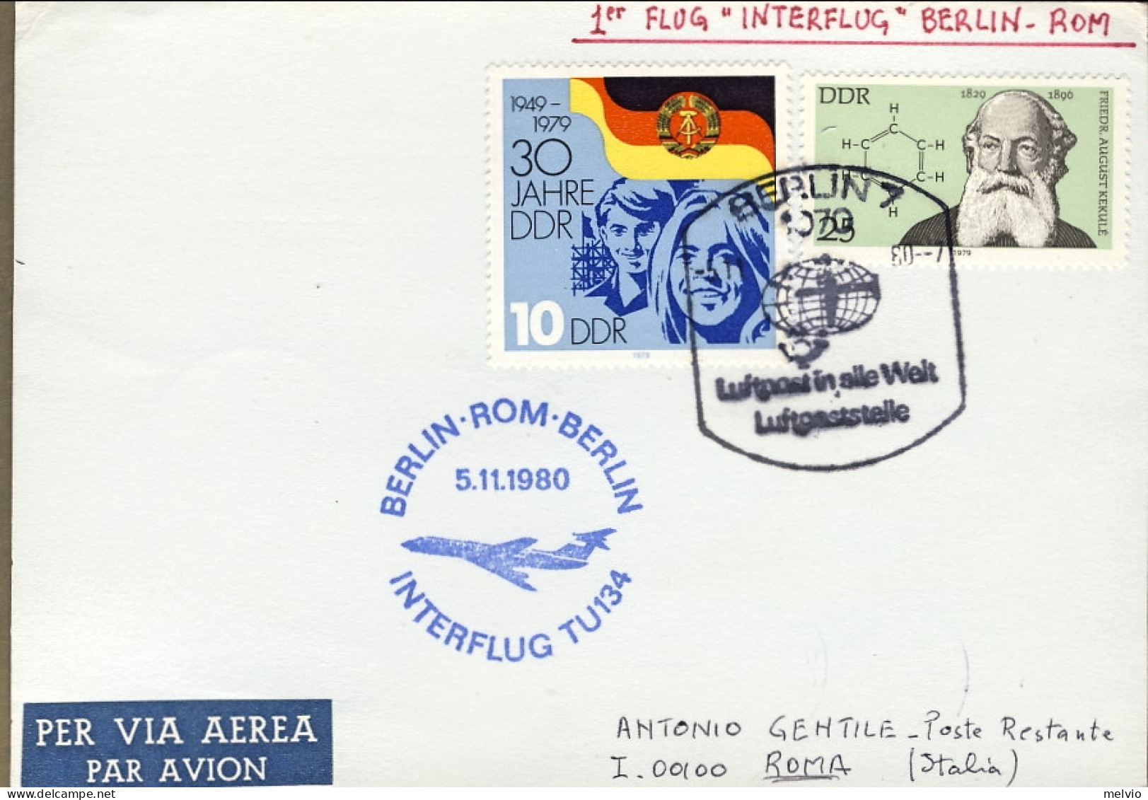 1980-Germania Cartolina I^volo Berlino Roma Berlino Interflug TU134 - Lettres & Documents