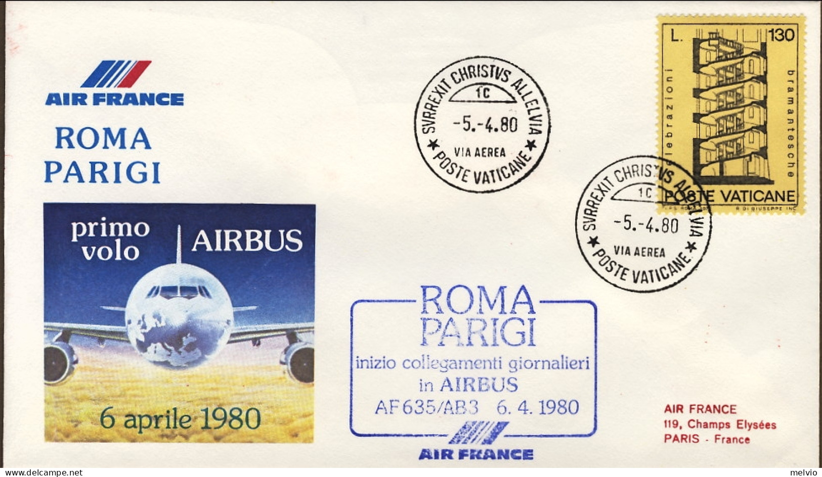 Vaticano-1980 I^volo Airbus Roma Parigi Della Air France - Poste Aérienne