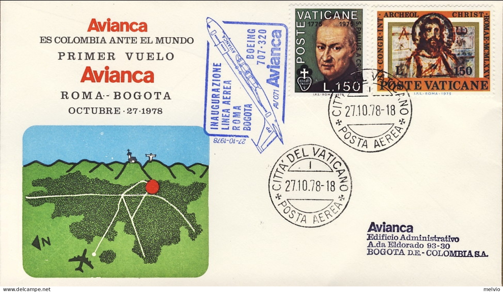 Vaticano-1978 Inaugurazione Linea Aerea Roma Bogota Con Boeing 707-320 Avianca - Airmail