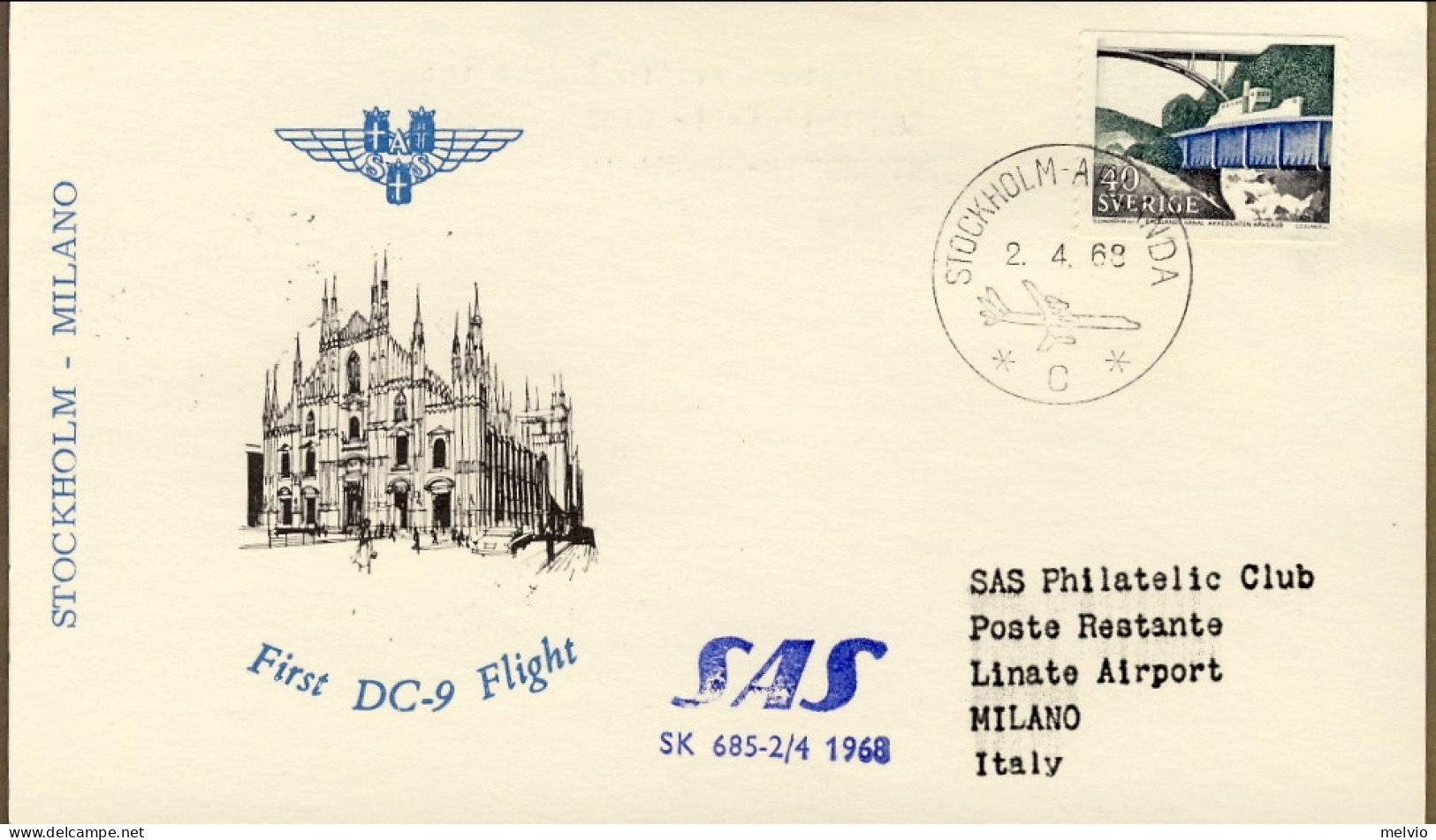 1968-Svezia Cartolina Illustrata I^volo SAS DC 9 Stoccolma Milano Del 2 Aprile C - Altri & Non Classificati