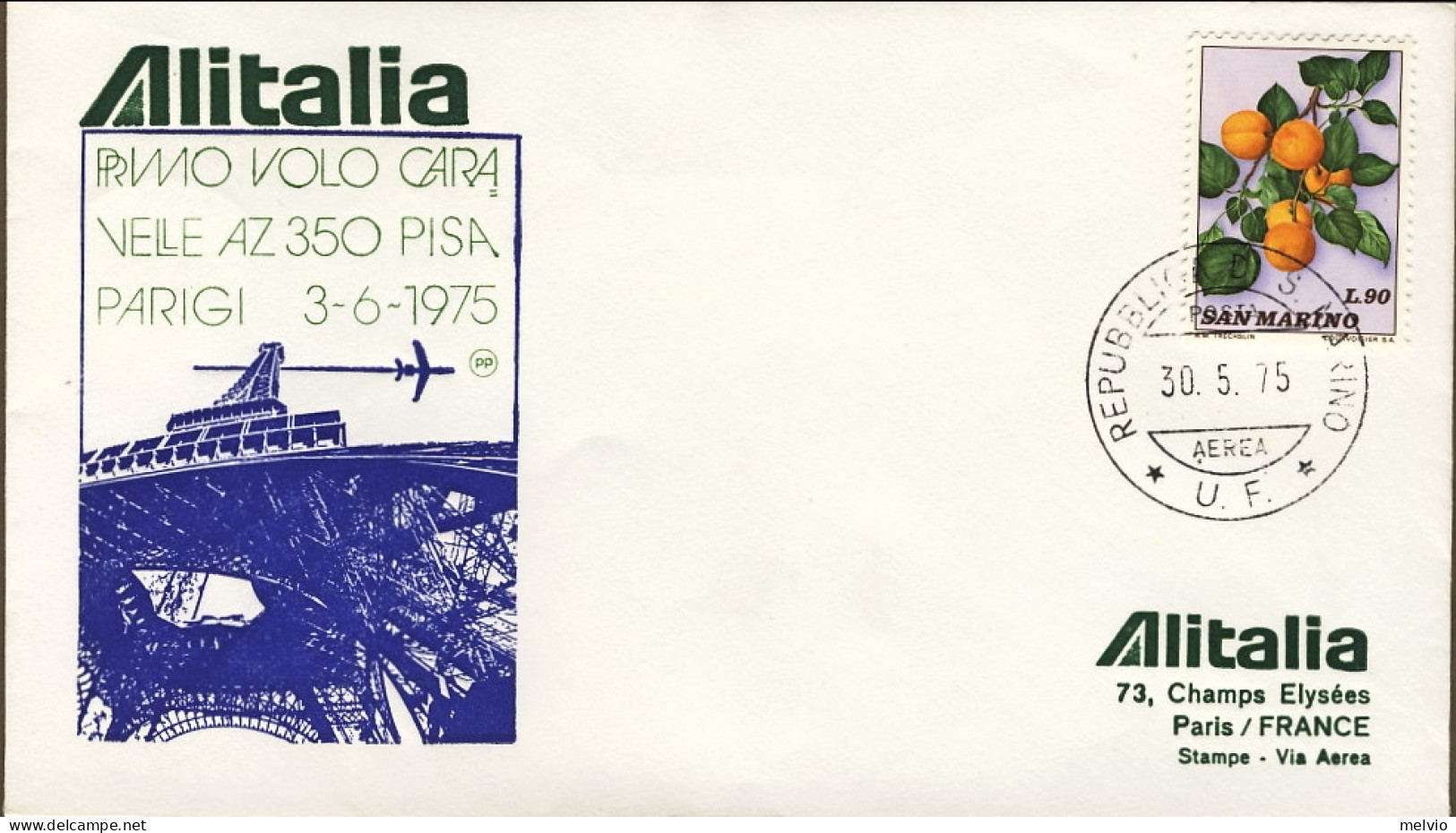 San Marino-1975 Alitalia I^volo Caravelle AZ 350 Pisa-Parigi - Luftpost