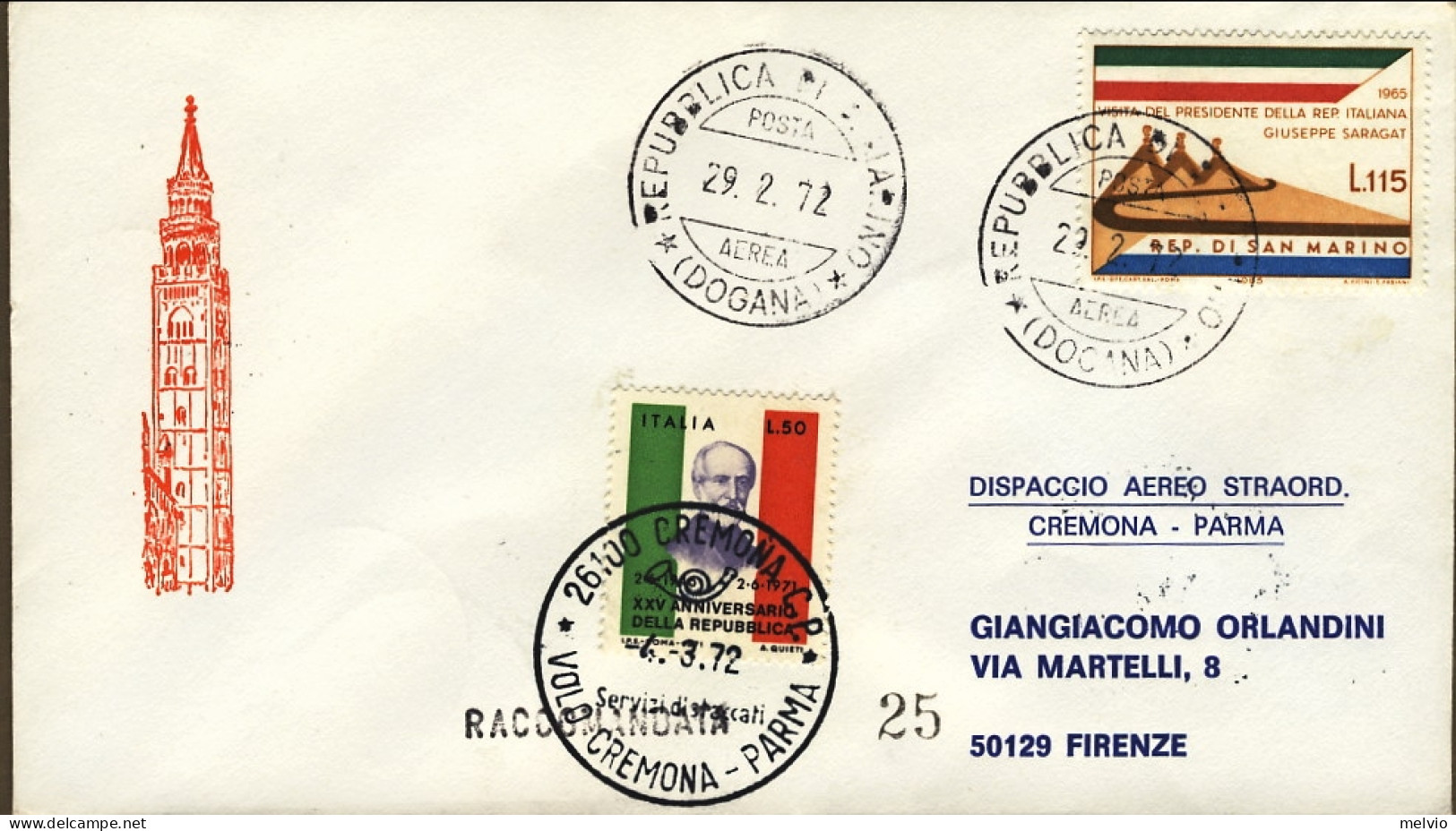 1972-San Marino Volo Cremona Parma Affrancatura Mista - Luchtpost