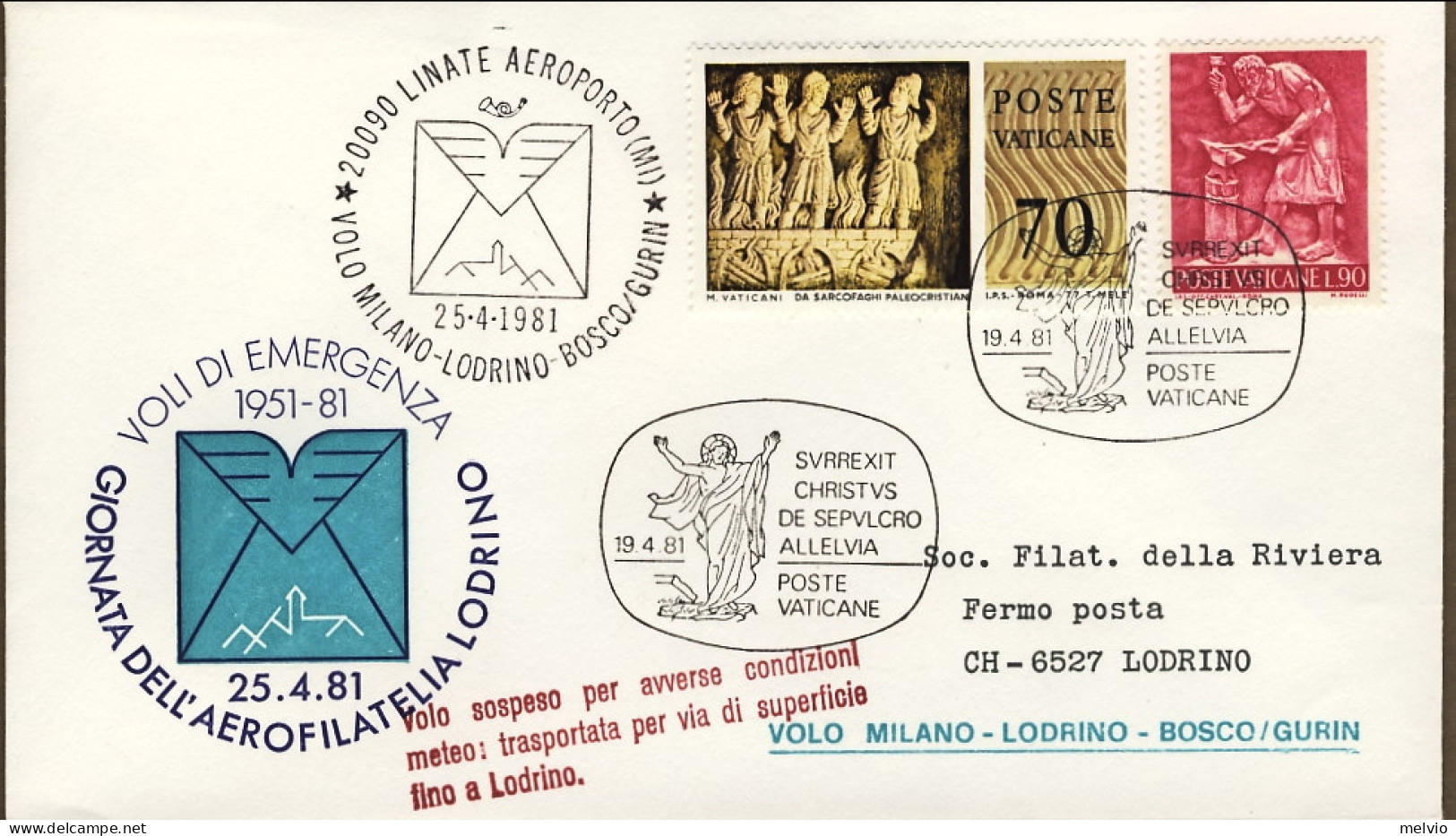 Vaticano-1981  Giornata Dell'aerofilatelia Volo Speciale Milano-Lodrino-Bosco/Gu - Airmail