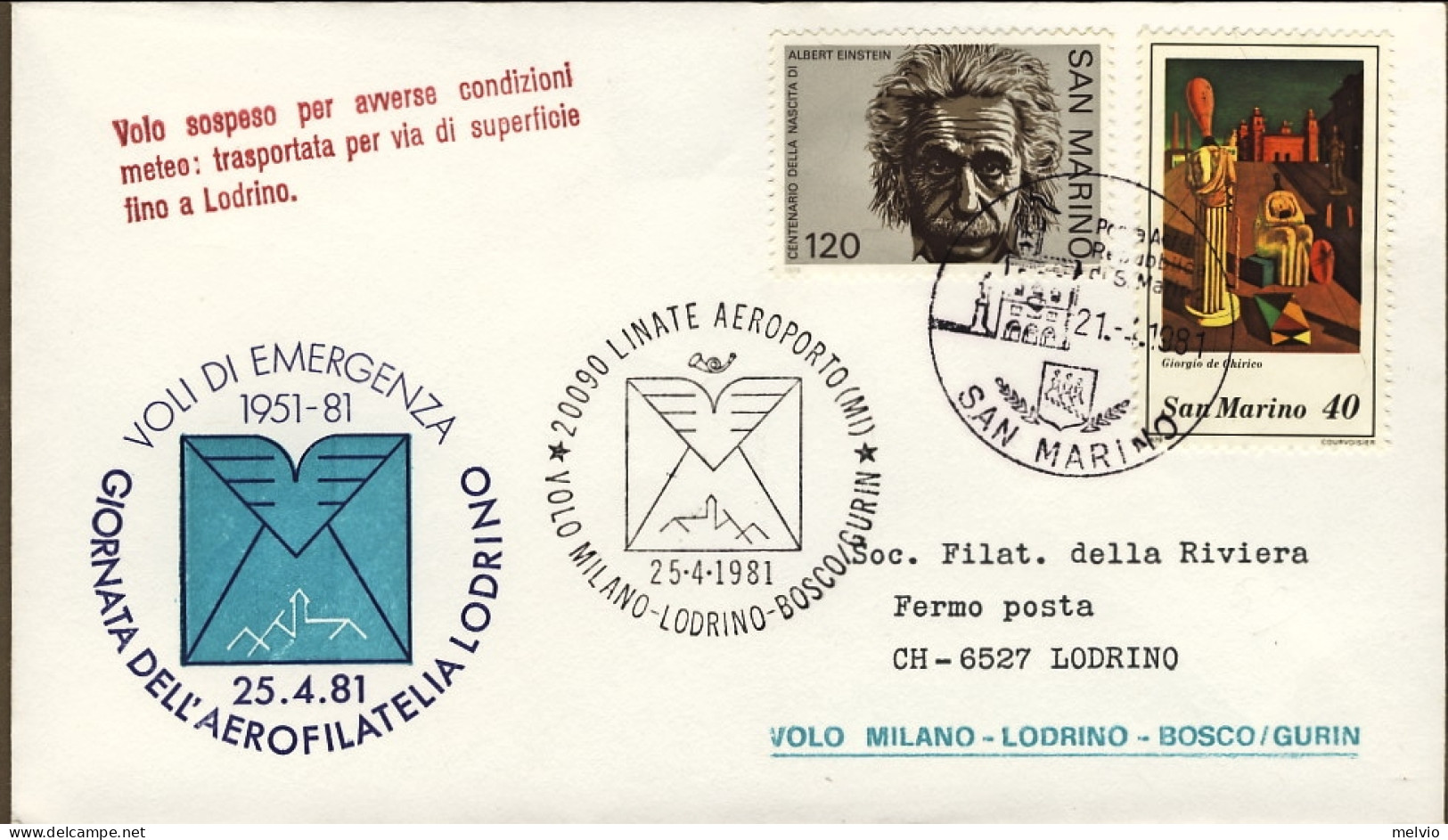 San Marino-1981 Giornata Dell'aerofilatelia Volo Speciale Milano-Lodrino-Bosco/G - Airmail