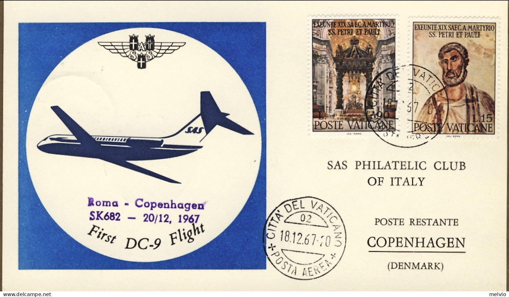 Vaticano-1967 Cartolina Illustrata I^volo Roma Copenhagen Del 18 Dicembre - Poste Aérienne