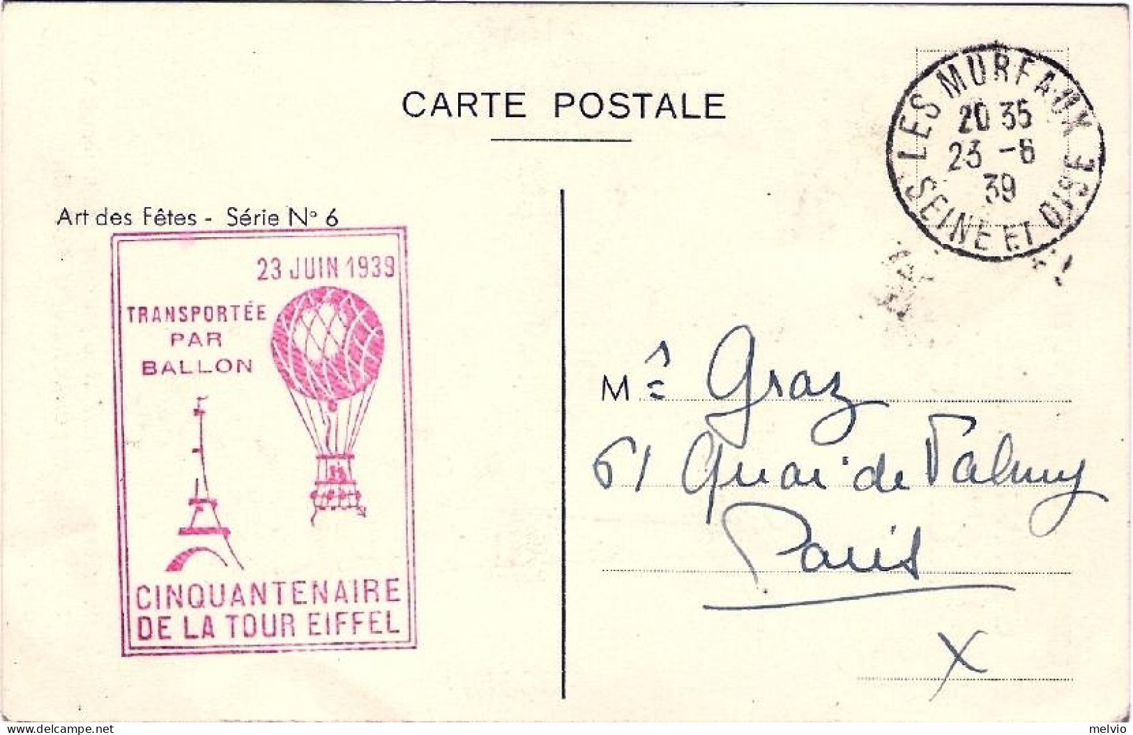 1939-France Francia Transportee Par Ballon Cachet Rosso Su Cartolina Ill.Cinquan - Sonstige & Ohne Zuordnung